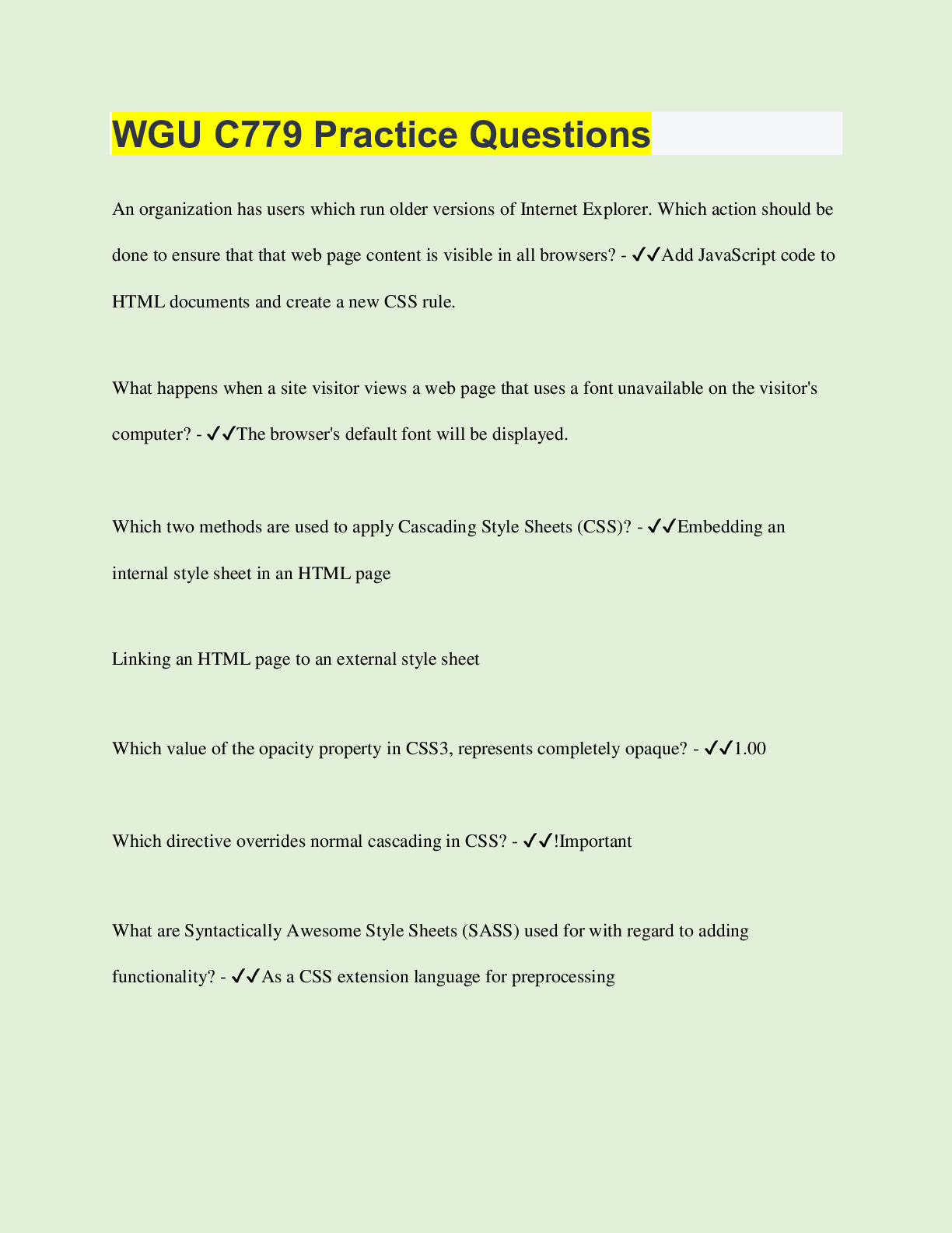 Preview of WGU C779 Practice Questions | 70 Questions with 100% Correct Answers | Verified | Latest U